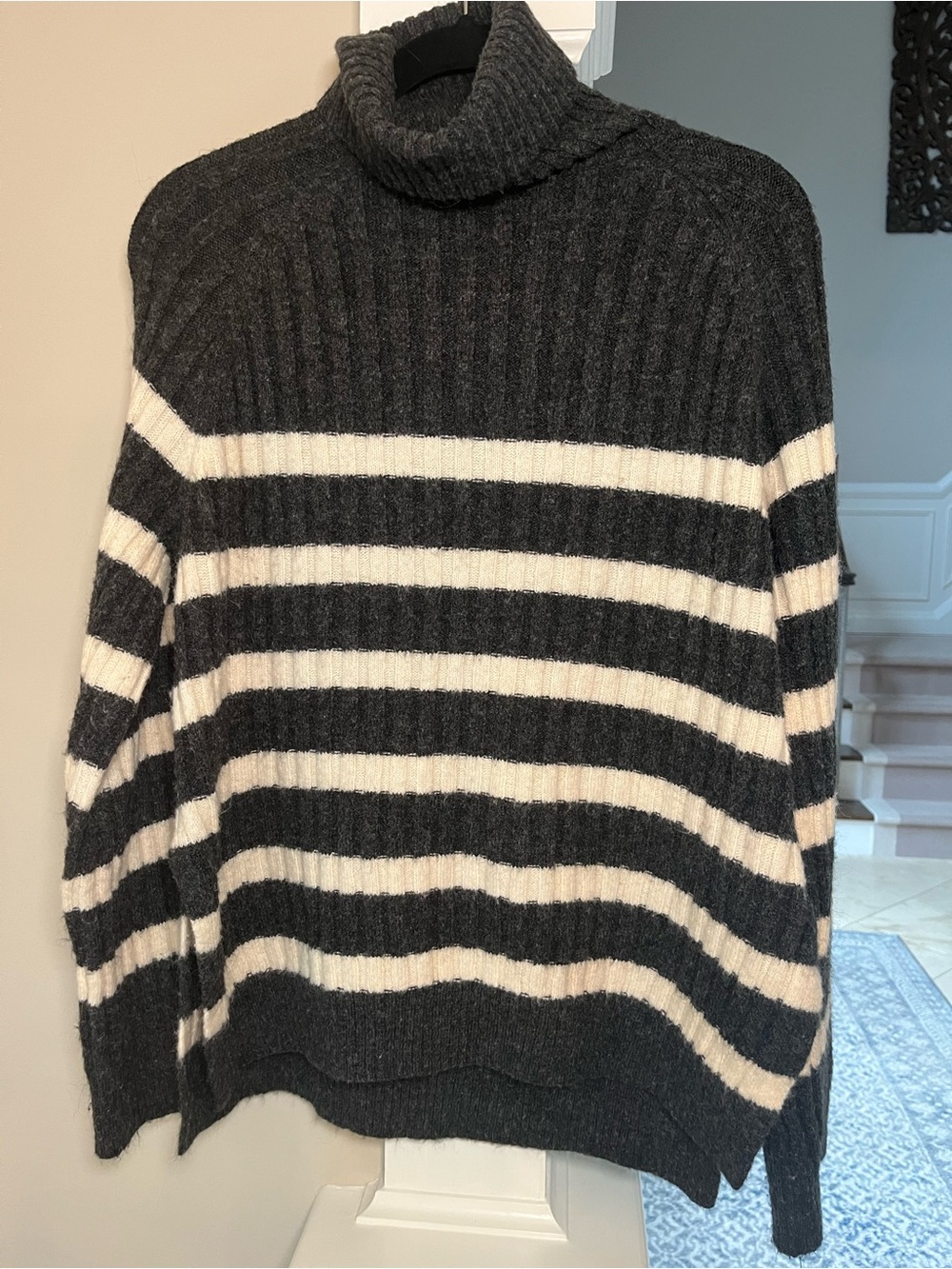 H&M Charcoal and Cream Striped Turtleneck Pullover